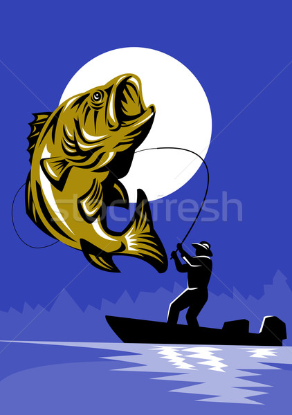 Stock foto: Bass · Fisch · fliegen · Fischer · Angelrute · Illustration