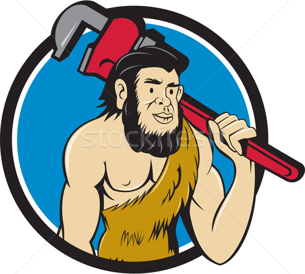 Neanderthal CaveMan Plumber Monkey Wrench Circle Cartoon Stock photo © patrimonio