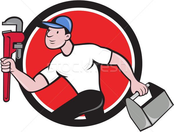 Plumber Running Toolbox Adjustable Wrench Cartoon Stock photo © patrimonio
