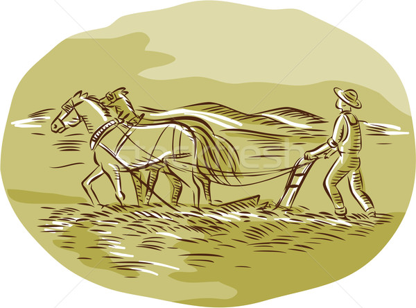 Farmer and Horses Plowing Field Oval Etching Stock photo © patrimonio