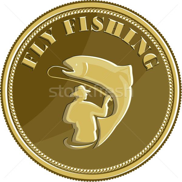 Voar pescaria moeda de ouro retro ilustração pescador Foto stock © patrimonio