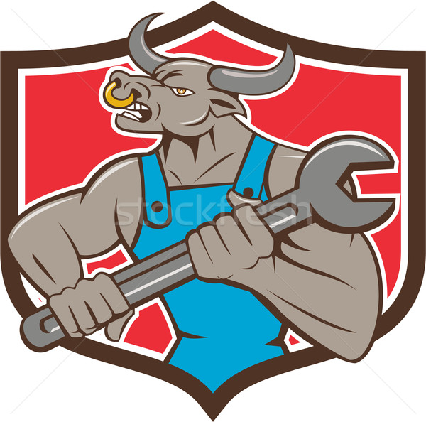 Stock photo: Mechanic Minotaur Bull Spanner Shield Cartoon