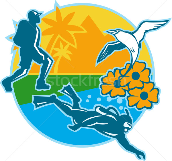 Randonneur plongeur île fleurs rétro illustration Photo stock © patrimonio