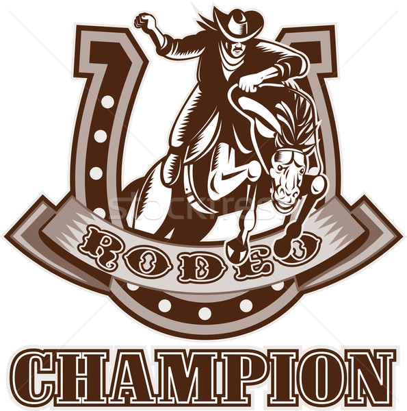 retro woodcut style illustration of an American  Rodeo Cowboy riding  a bucking bronco horse jumping Stock photo © patrimonio