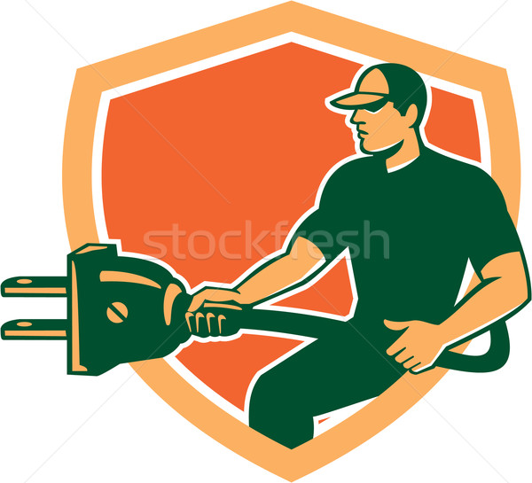Electrician Carrying Electric Plug Shield Retro Stock photo © patrimonio