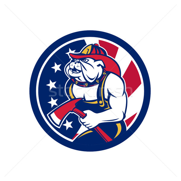 Stockfoto: Bulldog · brandweerman · Amerikaanse · vlag · icon · retro-stijl · illustratie