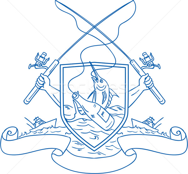 Fishing Rod Reel Hooking Blue Marlin Beer Bottle Coat of Arms Drawing Stock photo © patrimonio