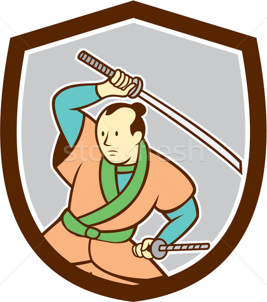 Stockfoto: Samurai · krijger · zwaard · schild · cartoon · illustratie