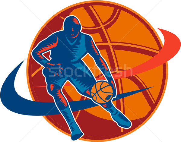 Kosárlabdázó labda retro illusztráció szemben elöl Stock fotó © patrimonio