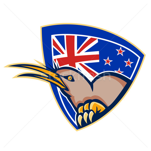 an angry kiwi bird head viewed from side with new zealand flag