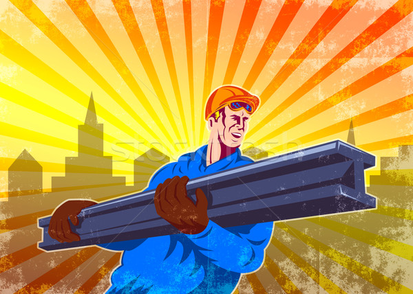 Steel Worker Carry I-Beam Retro Poster Stock photo © patrimonio