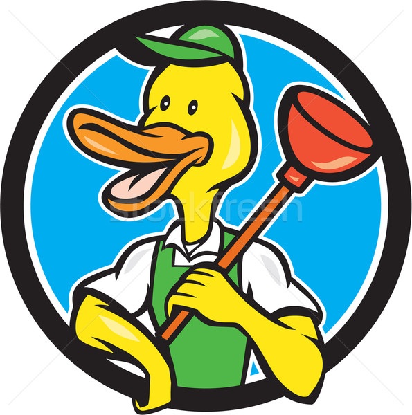 Duck Plumber Holding Plunger Circle Cartoon Stock photo © patrimonio