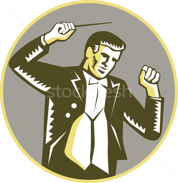 Conductor Waving Baton Circle Woodcut Stock photo © patrimonio