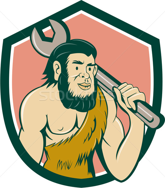 Neanderthal CaveMan With Spanner Crest Cartoon Stock photo © patrimonio