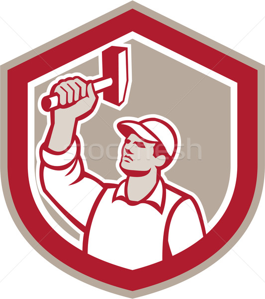 Stock photo: Union Worker Wielding Hammer Shield Retro