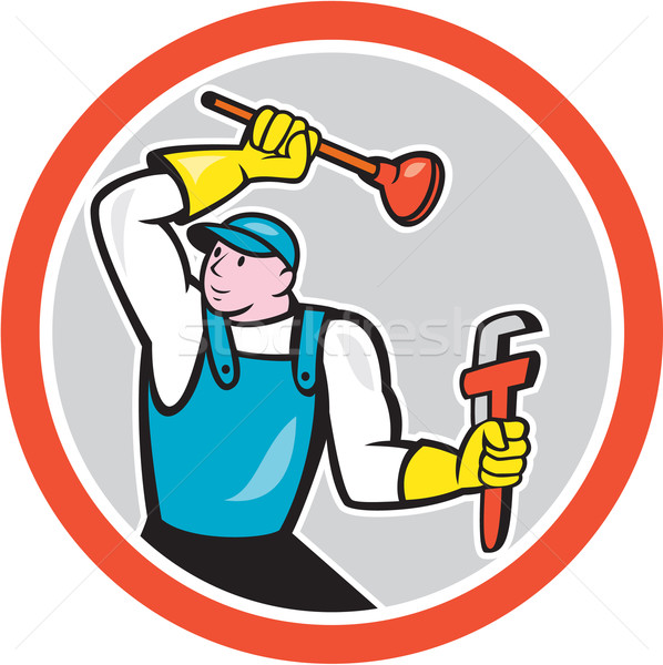 Plumber Holding Wrench Plunger Cartoon Stock photo © patrimonio