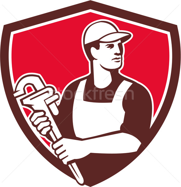 Plumber Wielding Monkey Wrench Shield Retro Stock photo © patrimonio