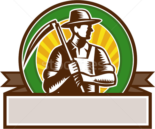 Organic Farmer Holding Scythe Circle Woodcut Stock photo © patrimonio