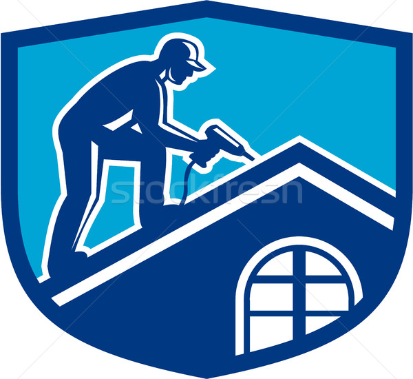 Dachdecker Bauarbeiter arbeiten Schirm Retro Illustration Stock foto © patrimonio