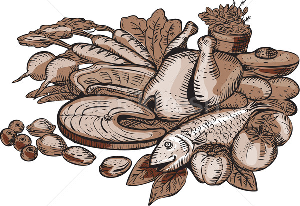 Paleo régime alimentaire gravure style illustration [[stock_photo]] © patrimonio