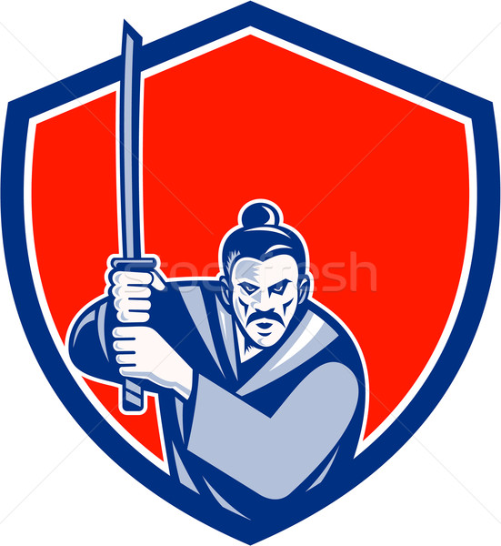 Samouraïs guerrier épée bouclier rétro illustration [[stock_photo]] © patrimonio