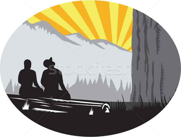 Trampers Sitting Looking Up Mountain Oval Woodcut Stock photo © patrimonio