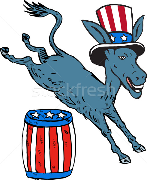 Democrat Donkey Mascot Jumping Over Barrel Cartoon Stock photo © patrimonio
