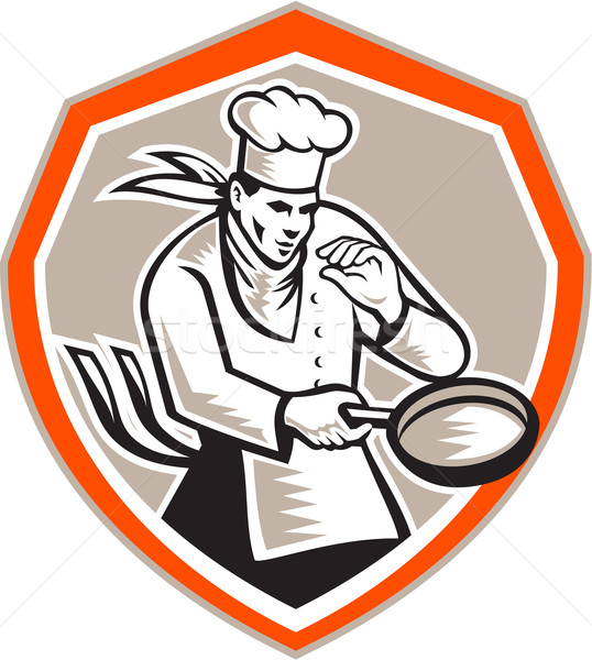 Szakács szakács tart serpenyő retro illusztráció Stock fotó © patrimonio