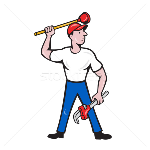 Plumber Wield Wrench Plunger Isolated Cartoon Stock photo © patrimonio