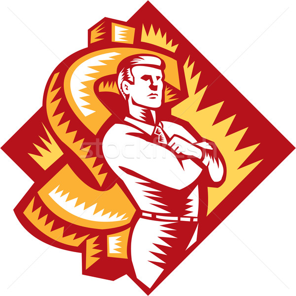 Stock photo: Businessman Arms Folded Protect Dollar Woodcut