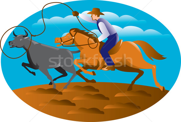 Cowboy Riding Horse Lasso Bull Cow Stock photo © patrimonio