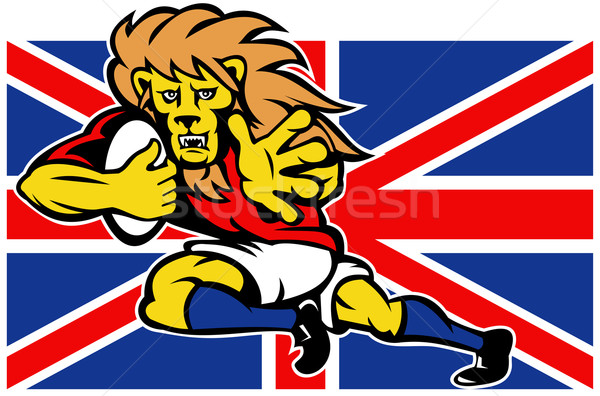 Cartoon British Lion rugby fending off GB flag Stock photo © patrimonio