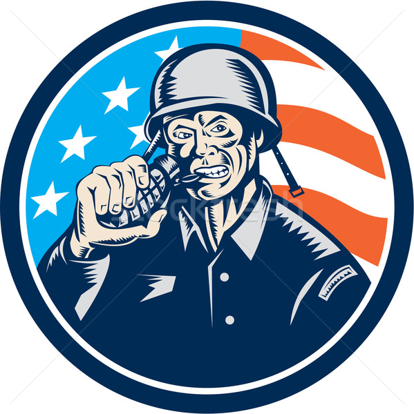 World War Two Soldier American Grenade Circle Woodcut Stock photo © patrimonio