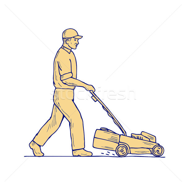 Gardener Mowing Lawnmower Drawing Stock photo © patrimonio