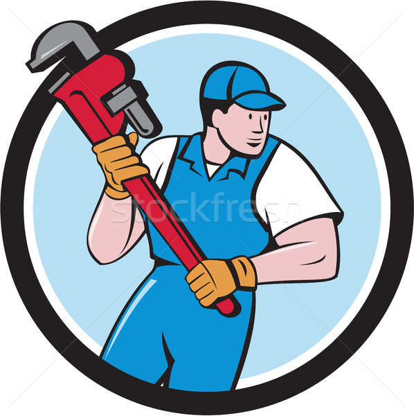 Plumber Holding Pipe Wrench Circle Cartoon Stock photo © patrimonio