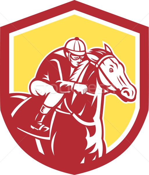 Foto stock: Jóquei · corrida · de · cavalos · escudo · retro · ilustração · cavalo