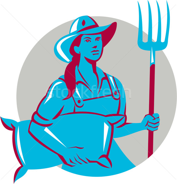 Female Organic Farmer Sack Pitchfork Circle Retro Stock photo © patrimonio