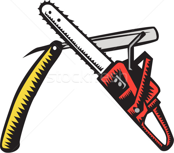 Chainsaw Straight Razor Crossed Woodcut Stock photo © patrimonio