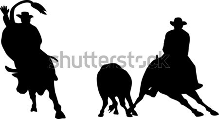 Foto stock: Rodeio · vaqueiro · cavalo · touro · equitação · silhueta