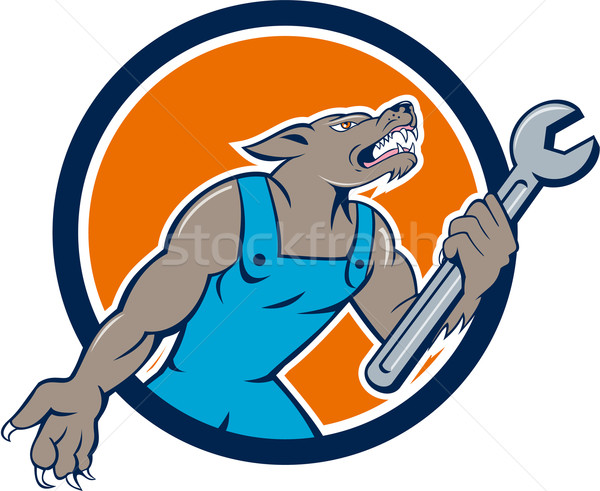 Wolf monteur moersleutel cirkel cartoon illustratie Stockfoto © patrimonio