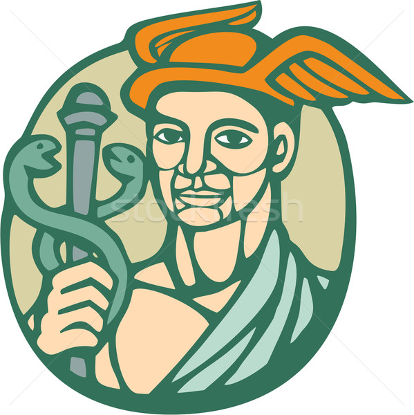 Stock photo: Hermes Holding Cadaceus Woodcut Linocut