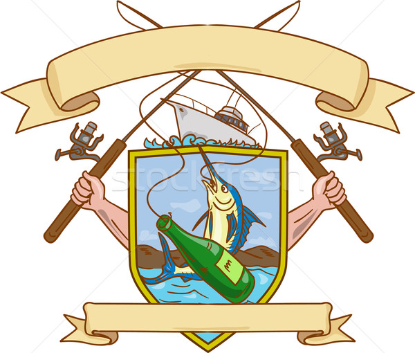 Fishing Rod Reel Hooking Blue Marlin Ribbon Coat of Arms Drawing Stock photo © patrimonio