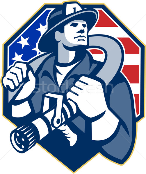 American Fireman Fire-fighter Fire Hose Retro Stock photo © patrimonio