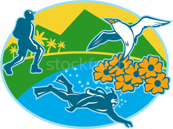 Plongeur randonneur île fleurs rétro illustration Photo stock © patrimonio