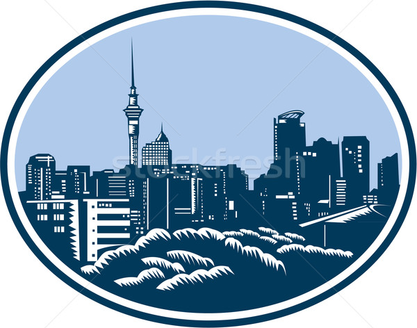 Auckland City Skyline Woodcut Retro Stock photo © patrimonio