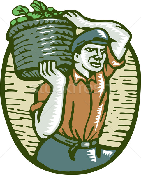 Stock photo: Organic Farmer Basket Crop Woodcut Linocut