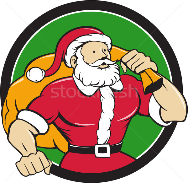 Super Santa Claus Carrying Sack Circle Cartoon Stock photo © patrimonio