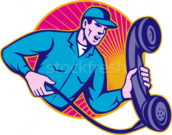 Stock photo: Telephone Repairman Worker Holding Retro Phone