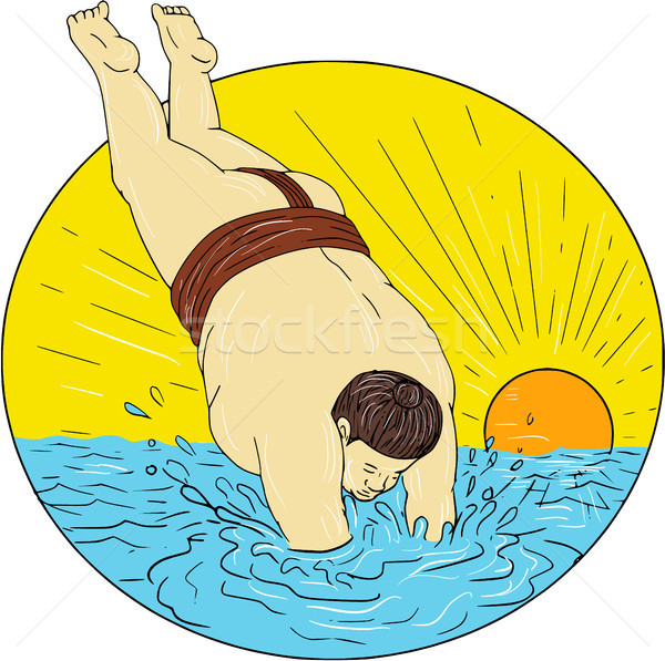 Japanese Sumo Wrestler Diving Sea Sunset Circle Drawing Stock photo © patrimonio