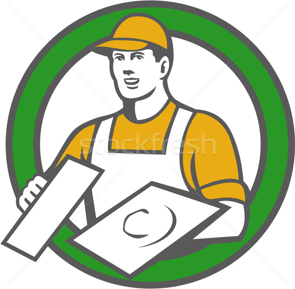 Kamieniarstwo kółko retro ilustracja handlowiec pracownik budowlany Zdjęcia stock © patrimonio